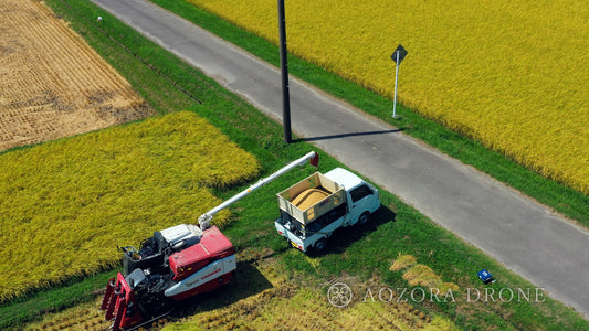 日本の田舎 田園と稲刈り ドローン画像素材 厳選5枚セット