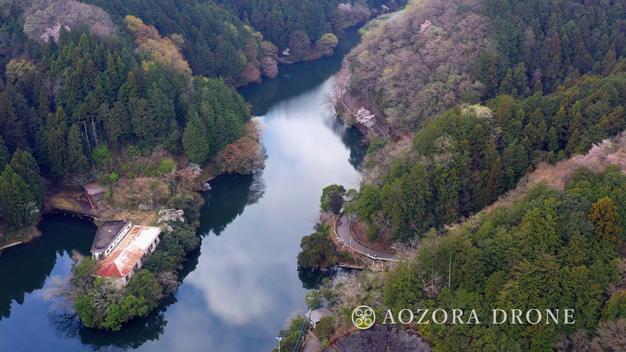 Mysterious "Lake Kamakita" and still images of spring cherry blossoms Drone image footage Carefully selected 5-piece set [Moroyama Town, Saitama Prefecture, Japan]