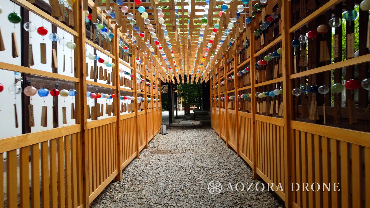 風情ある神社と夏の風鈴 日本の伝統のドローン空撮画像素材 厳選5枚セット【埼玉県・川越市】